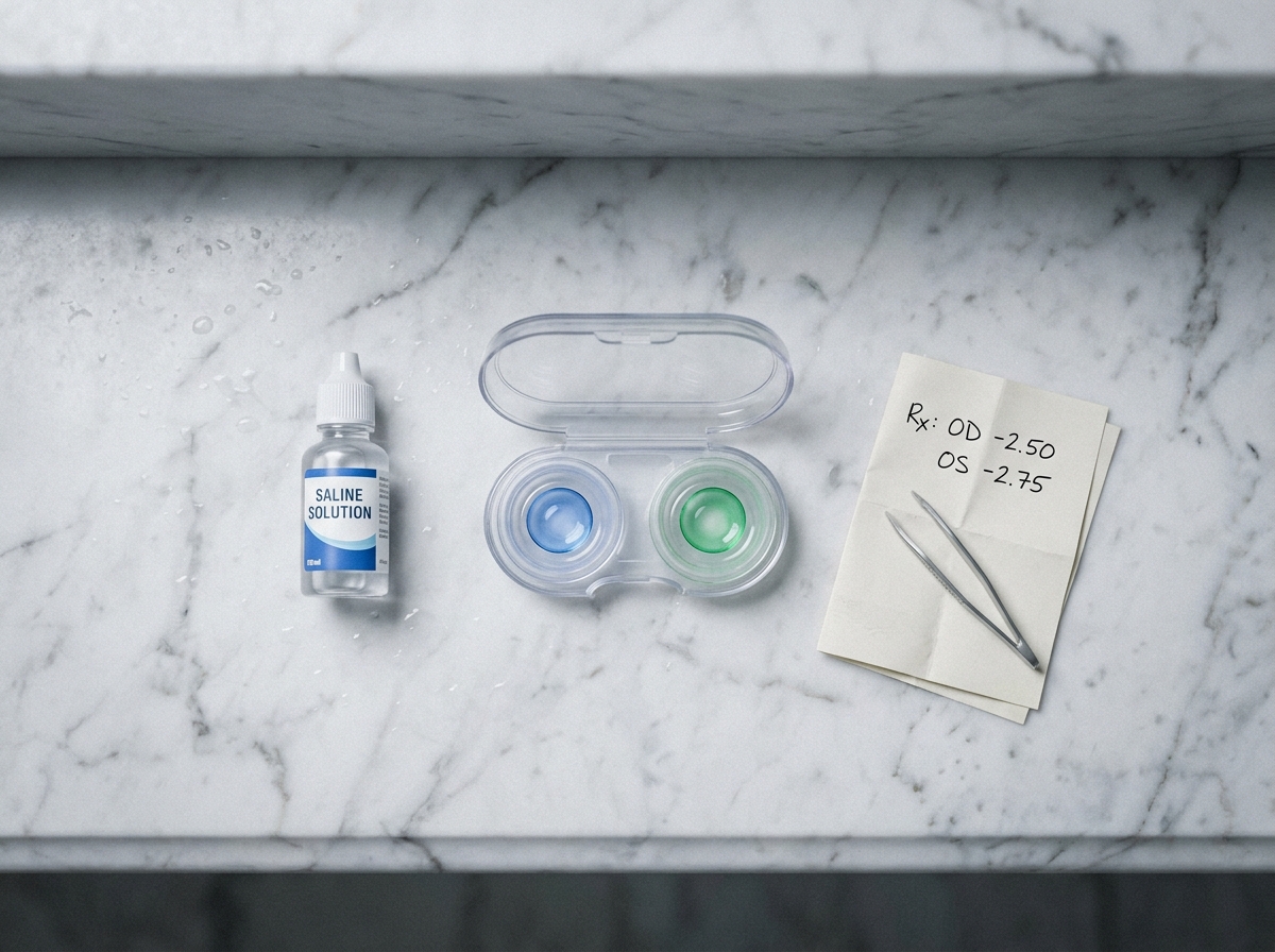 Vue de dessus d'un étui de lentilles de couleur ouvert avec solution saline, ordonnance et pince sur une surface en marbre