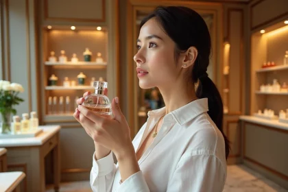 Femme découvrant un parfum de luxe dans une boutique de parfumerie élégante à Paris