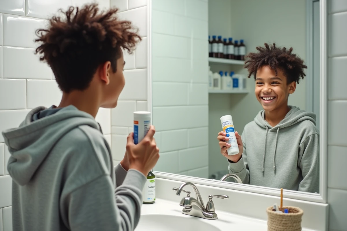 Adolescent avec boucles regardant son reflet dans le miroir