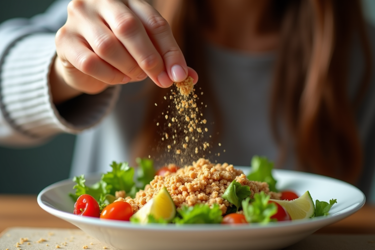 Mains saupoudrant des flocons de levure de bière sur une salade colorée