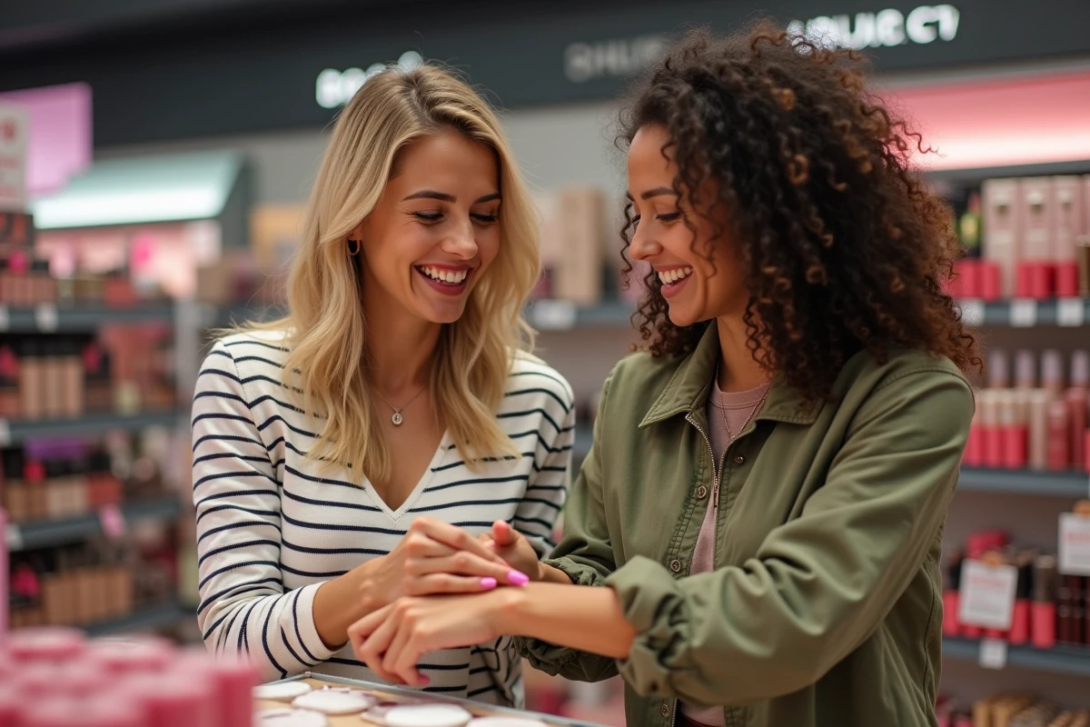 Deux femmes comparant des teintes de rouge à lèvres à une station de test maquillage dans un magasin Ulta Beauty
