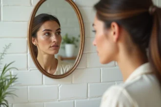 Femme de profil analysant la forme de son nez grec devant un miroir vintage dans une salle de bain lumineuse