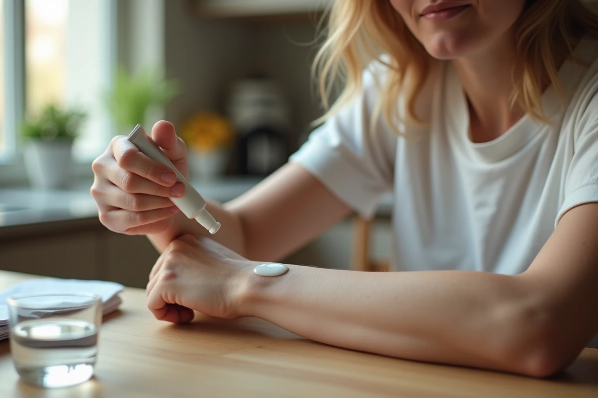 Femme appliquant une crème sur son poignet avec une légère rougeur cutanée visible