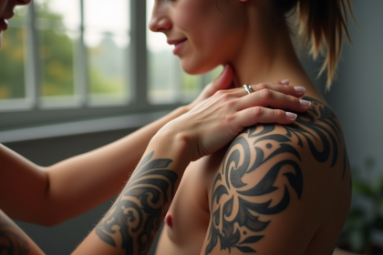 Jeune personne appliquant lotion sur tatouage noir