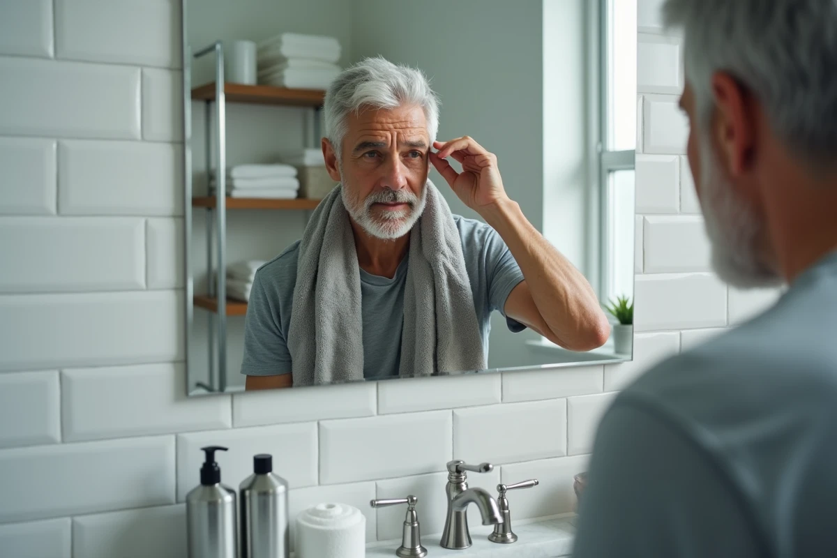 Homme mature appliquant une teinture cheveux gris chez lui dans la salle de bain avec des produits colorants posés sur le plan vasque