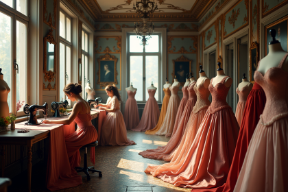 Atelier de haute couture parisien du début 20e siècle avec couturières élégantes