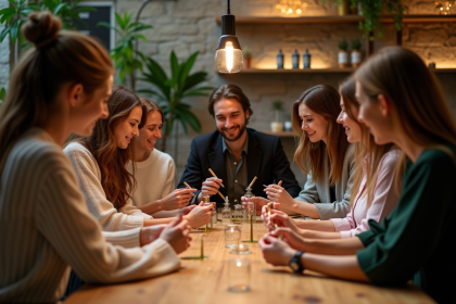 Groupe de jeunes femmes et hommes créant des parfums dans un atelier parisien