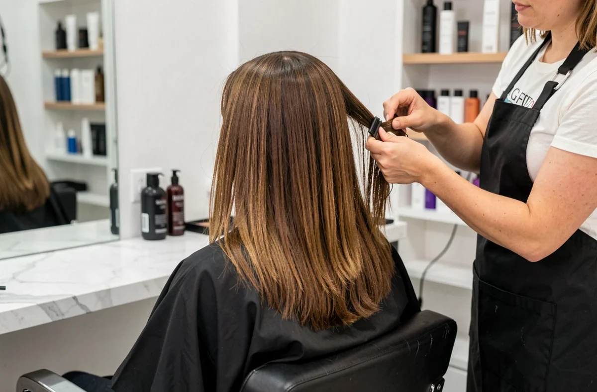 Femme en salon de coiffure montrant l'avant-après des extensions de cheveux, une moitié naturelle et l'autre avec extensions posées