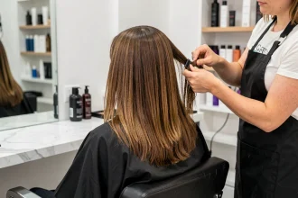 Femme en salon de coiffure montrant l'avant-après des extensions de cheveux, une moitié naturelle et l'autre avec extensions posées