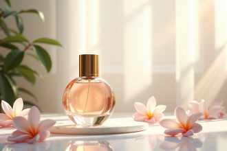 Bouteille de parfum élégante avec accents dorés sur marbre blanc