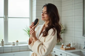 Femme aux cheveux ondulés utilisant une brosse à coussin large dans une salle de bain minimaliste