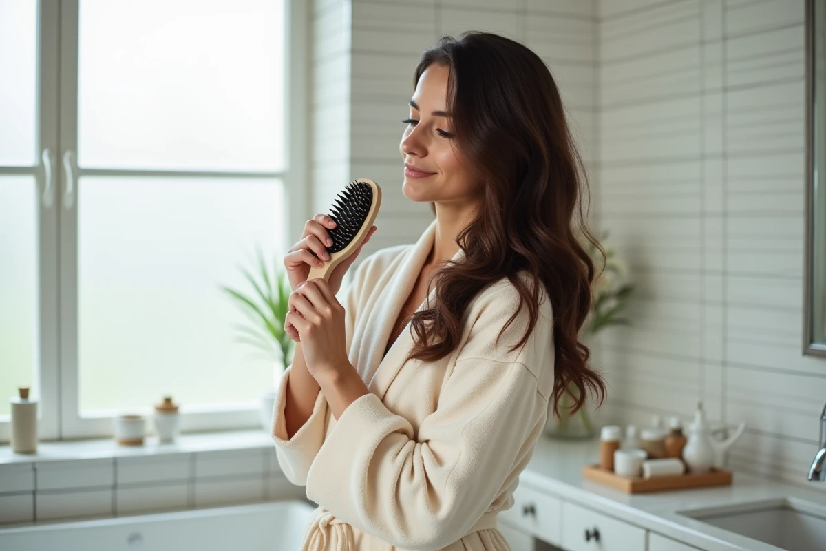 Femme aux cheveux ondulés utilisant une brosse à coussin large dans une salle de bain minimaliste