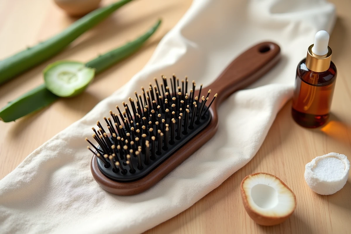 Gros plan d'une brosse professionnelle pour cheveux ondulés et cuir chevelu sensible sur tissu en lin naturel
