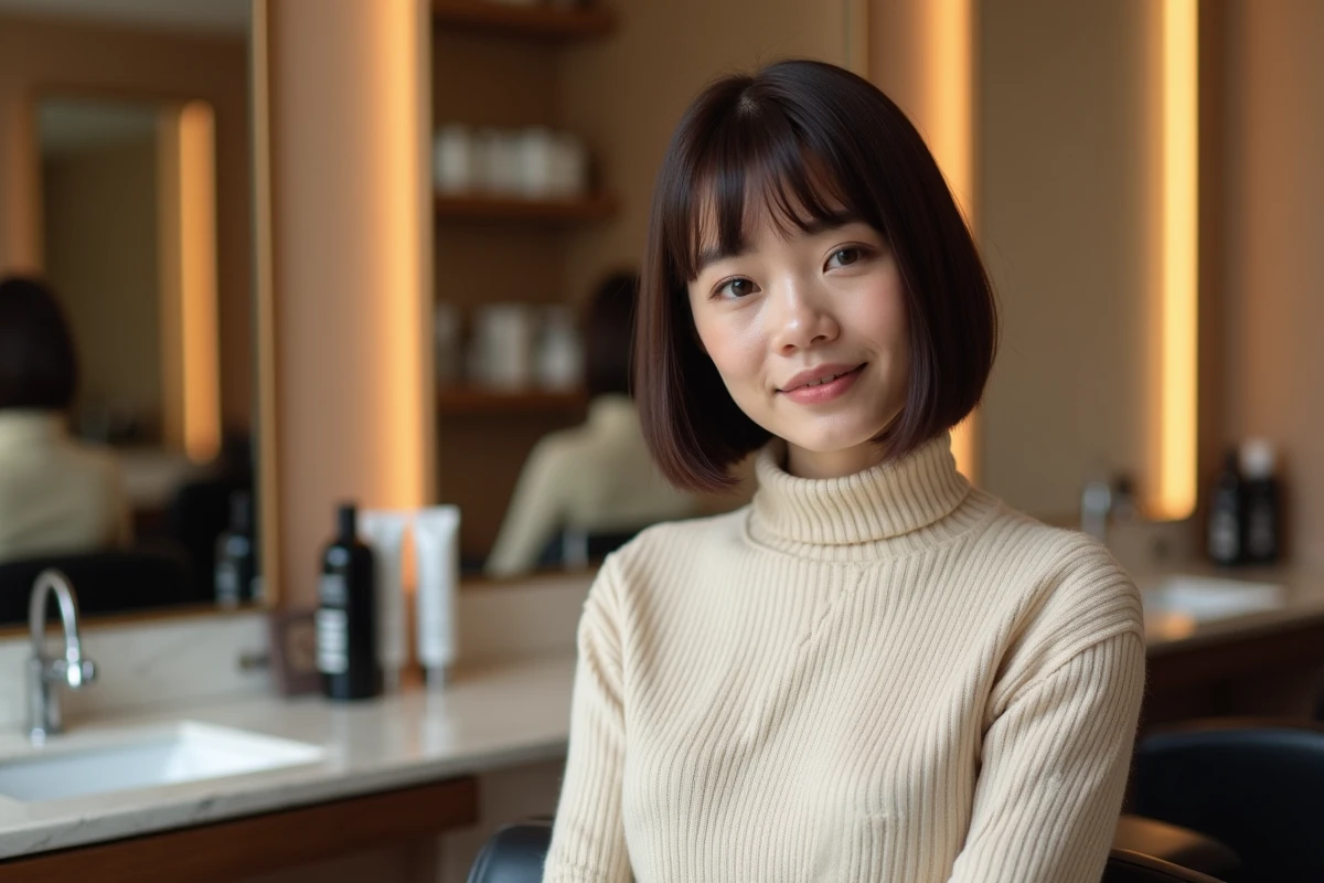 Femme aux cheveux châtains en carré classique lisse, assise dans un salon de coiffure moderne au décor épuré