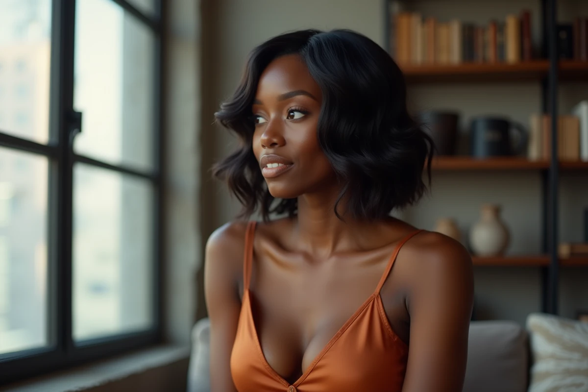 Femme noire avec un carré dégradé wavy près d'une fenêtre en appartement moderne