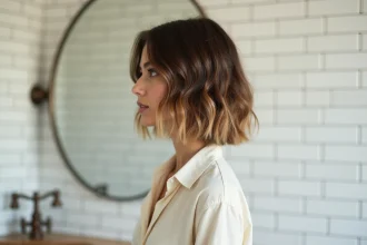 Femme aux cheveux carré dégradé wavy coiffé-décoiffé devant un miroir de salle de bain