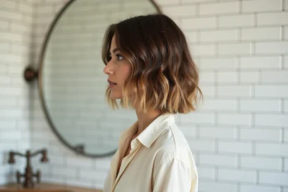 Femme aux cheveux carré dégradé wavy coiffé-décoiffé devant un miroir de salle de bain