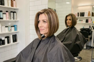Femme aux cheveux fins coiffée d'un carré plongeant volumisé dans un salon de coiffure professionnel