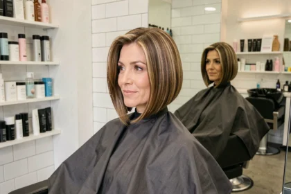 Femme aux cheveux fins coiffée d'un carré plongeant volumisé dans un salon de coiffure professionnel
