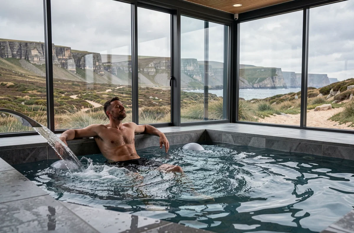 Homme dans le bassin de thalassothérapie du Castel Clara Thalasso & Spa avec vue sur les falaises de Belle-Île-en-Mer