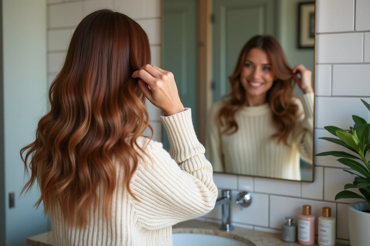 Femme aux cheveux fins et colorés avec reflets et mèches examinant sa coiffure devant un miroir de salle de bain à domicile
