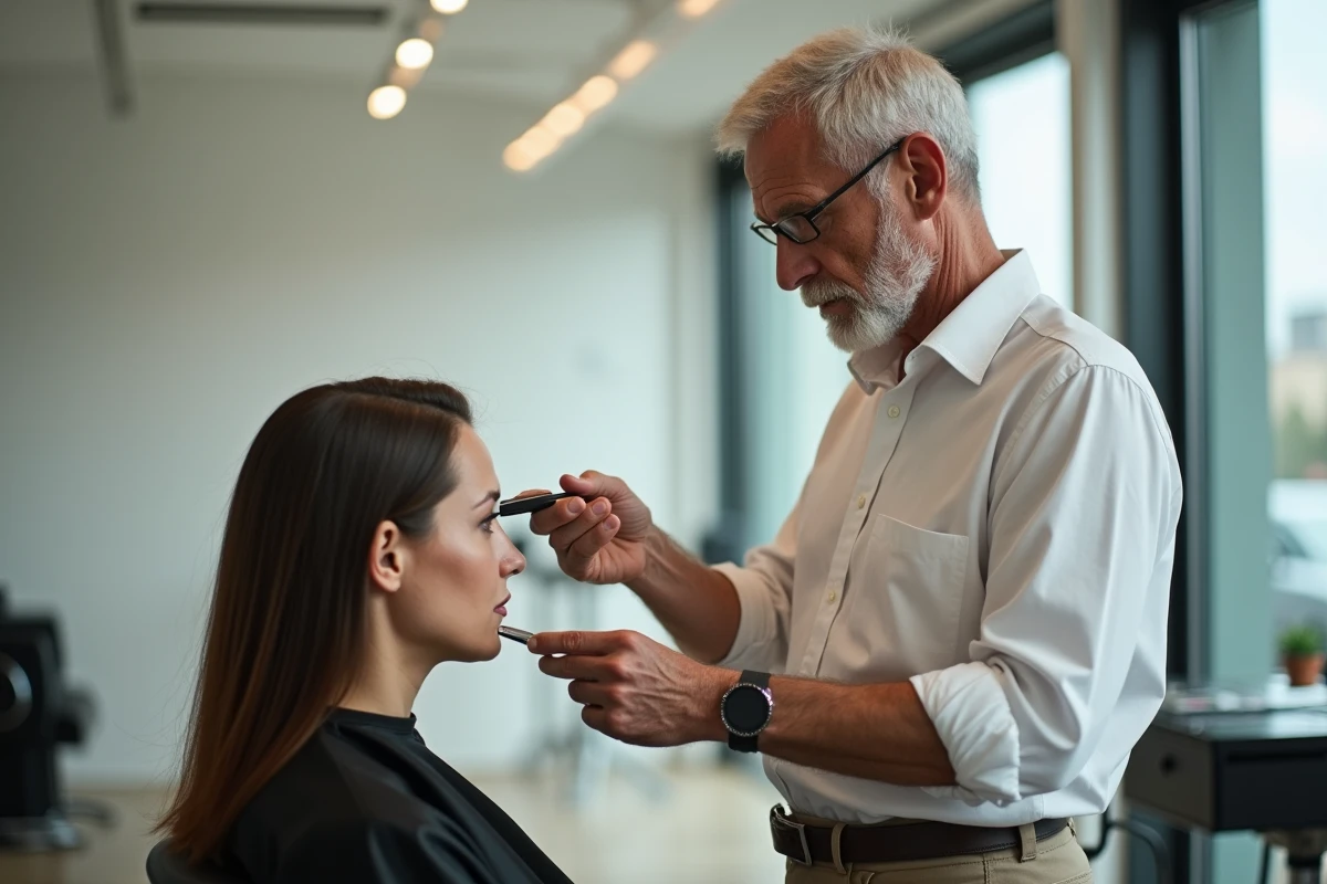 Coiffeur expérimenté effectuant un effilage sur cheveux moyens