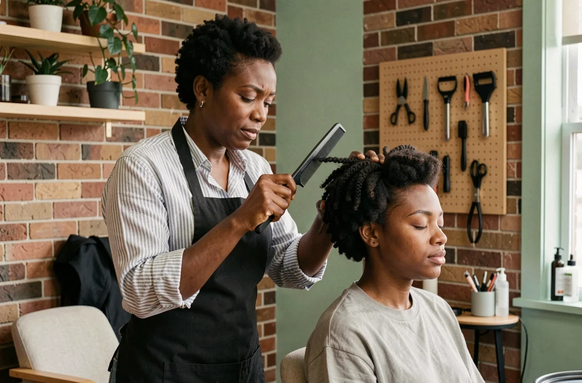 Coiffeuse afro professionnelle travaillant sur les cheveux crépus courts d'une cliente dans un salon moderne