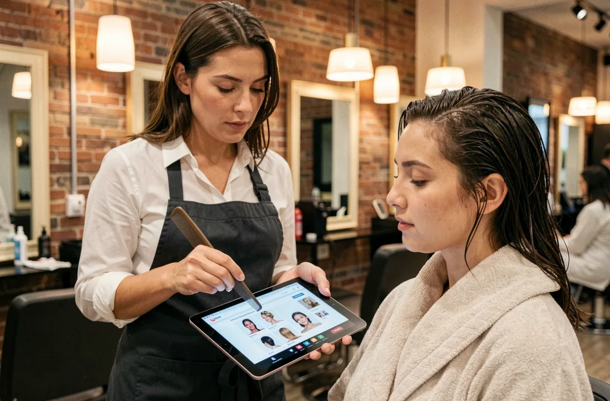 Coiffeuse et cliente choisissant ensemble une coupe de cheveux sur une tablette dans un salon haut de gamme