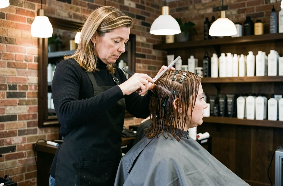 Coiffeuse professionnelle réalisant une coupe dégradée mi-longue sur une cliente dans un studio de coiffure artisanal