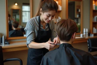 Jeune coiffeuse réalisant un fondu sur un court cheveux