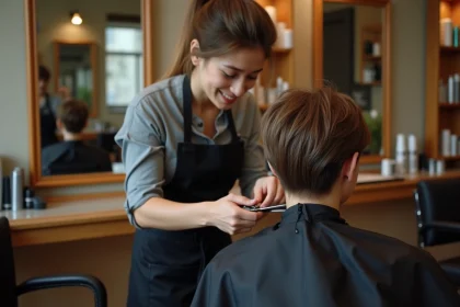 Jeune coiffeuse réalisant un fondu sur un court cheveux
