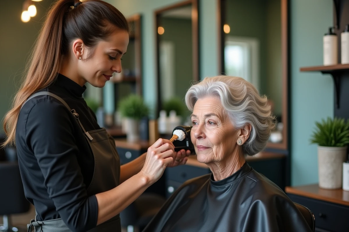Coiffeuse appliquant un masque repigmentant sur les cheveux blancs d'une cliente en salon de coiffure