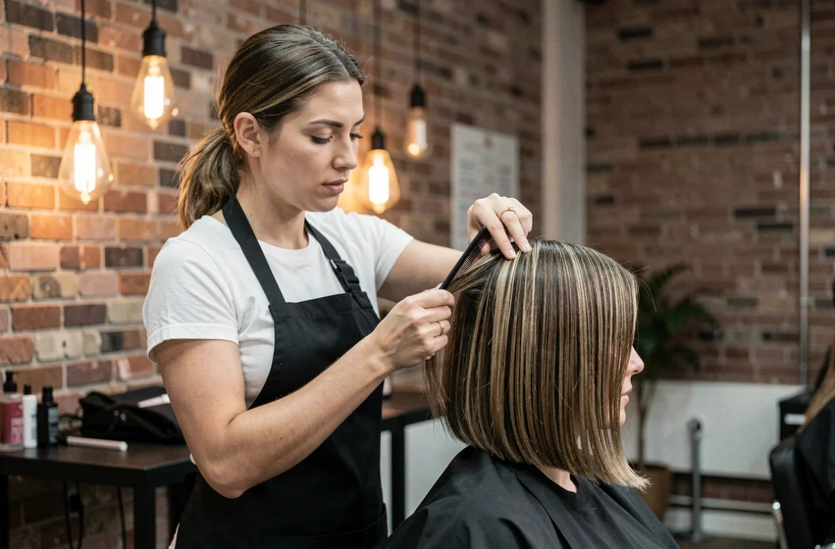 Coiffeuse professionnelle réalisant un carré plongeant volumisé sur cheveux fins en studio de coiffure urbain