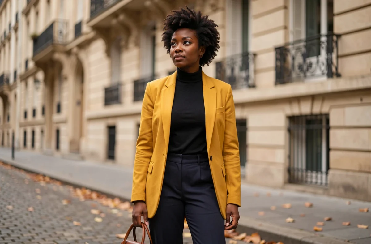 Femme noire élégante avec coiffure afro courte et naturelle dans une rue parisienne en automne