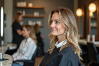 Femme aux cheveux fins avec balayage et mèches face-framing dans un salon de coiffure moderne, illusion de volume par la coloration