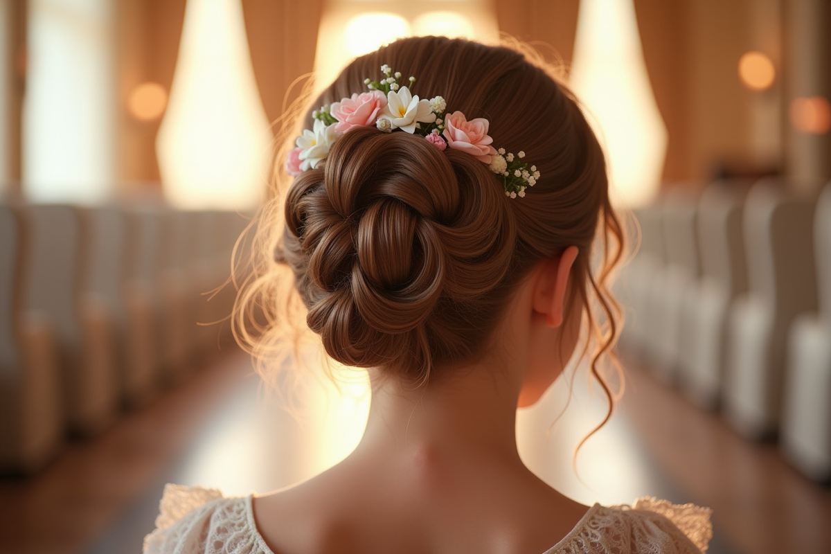 Fille vue de dos avec coiffure fleurie et rubans pastel
