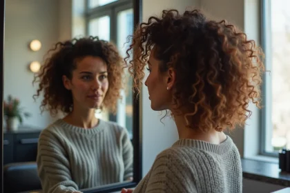 Femme aux cheveux bouclés avec dégradé V dans un salon moderne