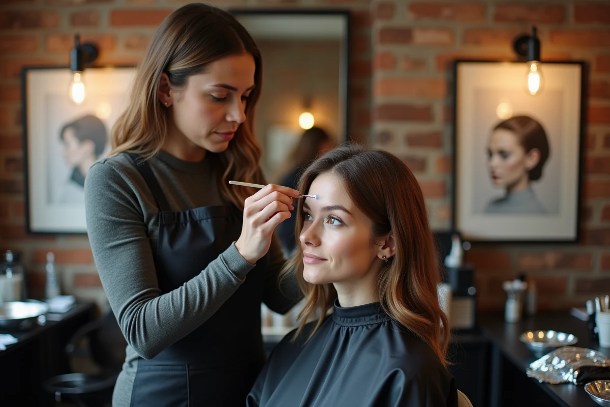 Coloriste professionnelle appliquant des mèches en feuilles d'aluminium sur les cheveux fins d'une cliente dans un atelier de coiffure parisien