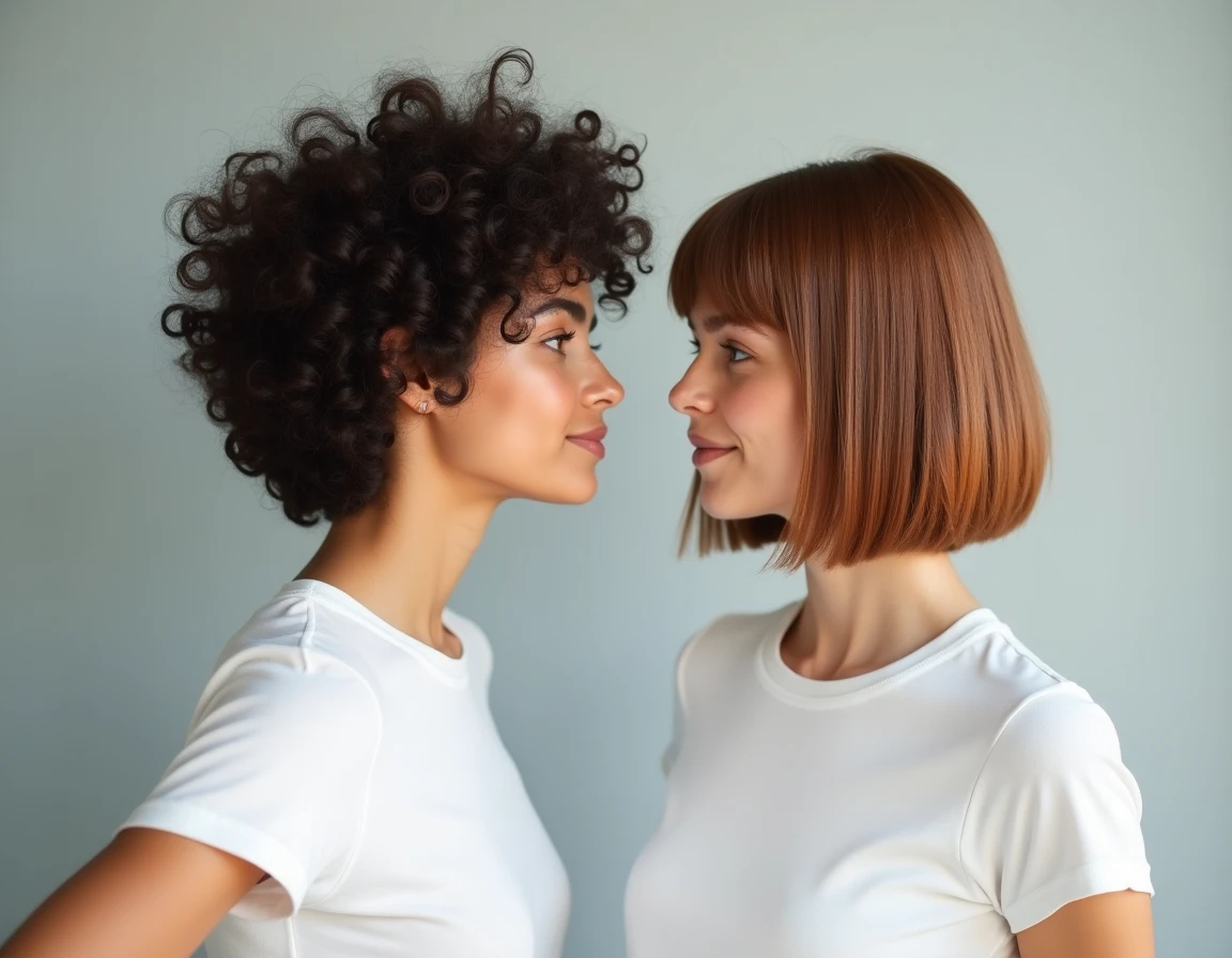 Comparaison côte à côte d'une coupe shaggy bouclée et d'un carré dégradé classique sur deux femmes en studio
