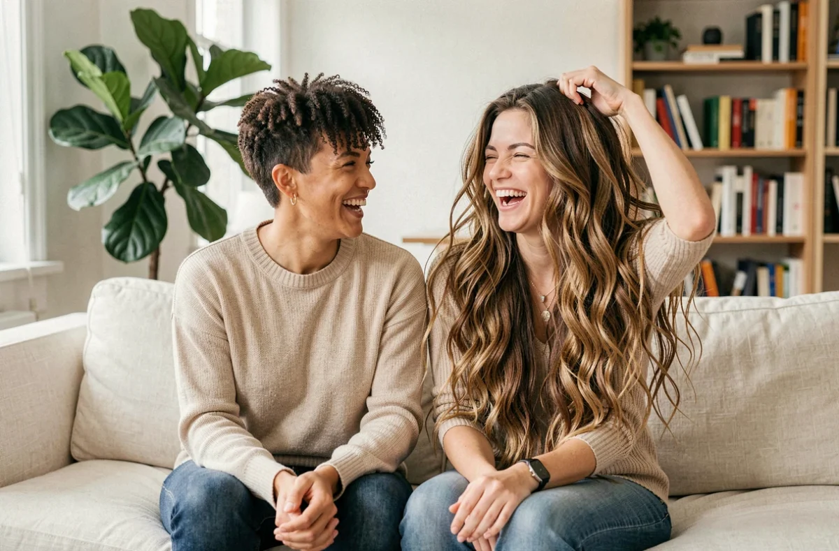 Deux femmes comparant leurs coiffures naturelle et avec extensions sur un canapé, illustrant le contraste avant-après des extensions cheveux