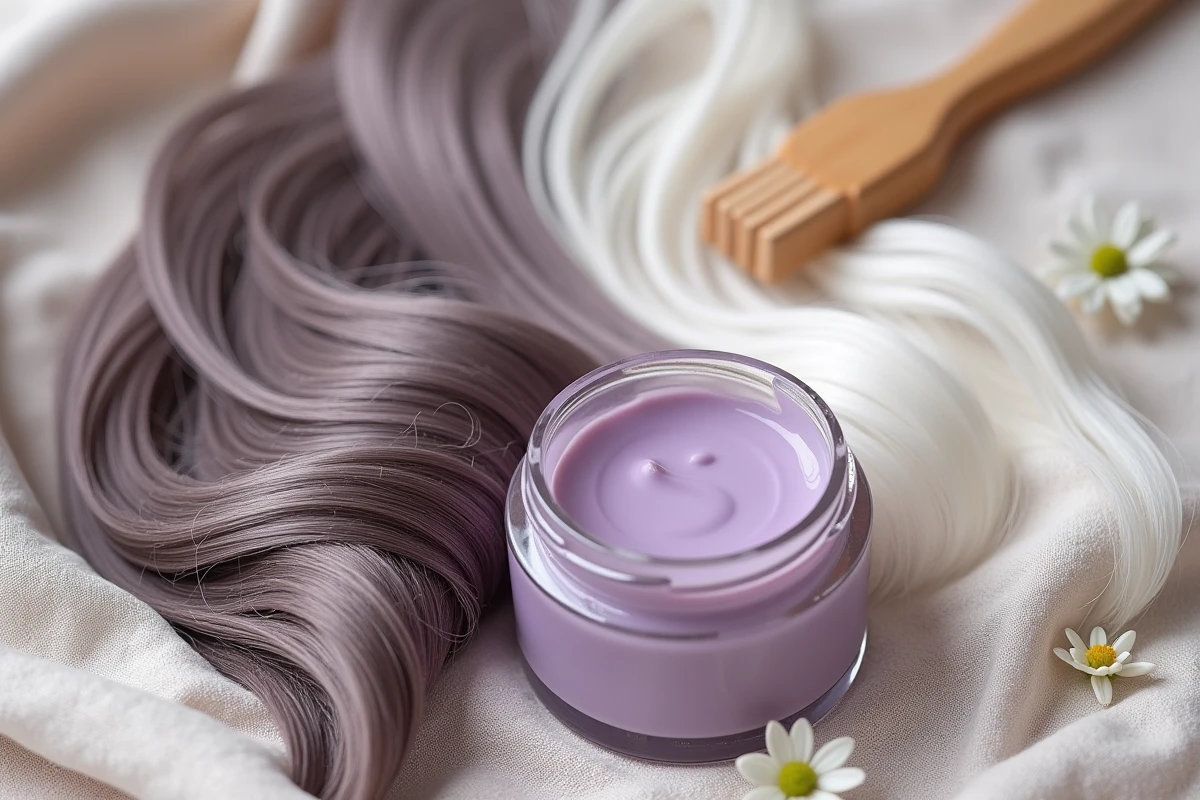 Comparaison de mèches de cheveux blancs avant et après application d'un soin repigmentant sur fond de lin