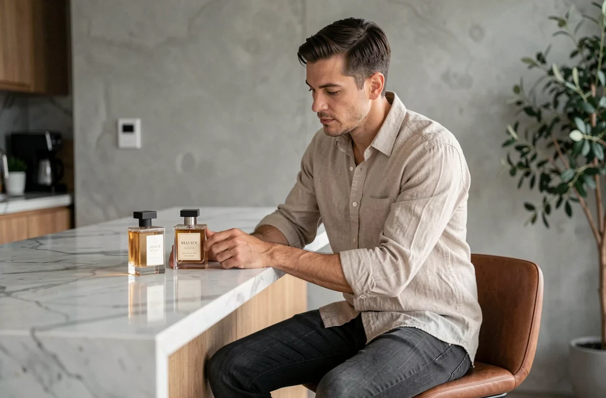 Homme comparant deux flacons de parfum posés sur un comptoir en marbre dans un intérieur moderne