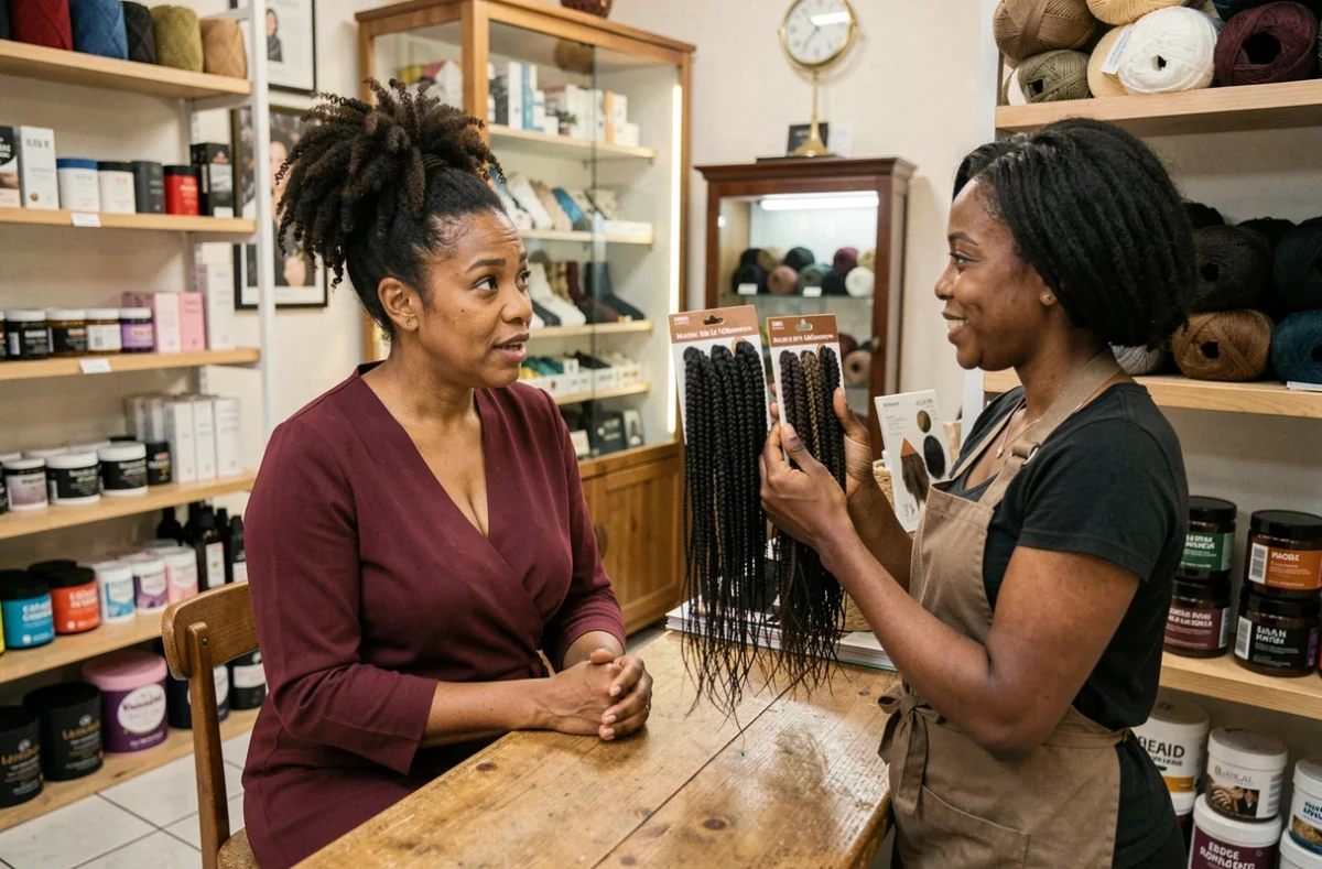 Cliente et vendeuse comparant des mèches crochet dans une boutique afro parisienne