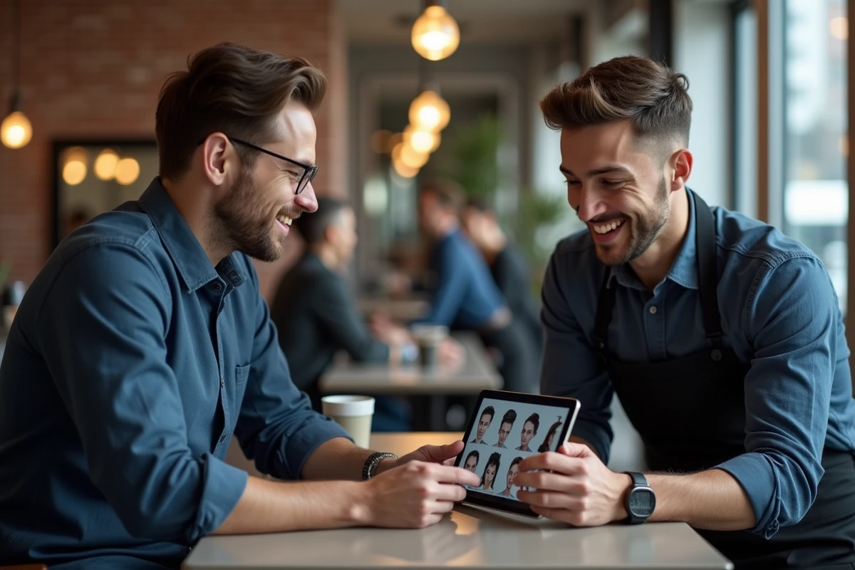 Homme consultant un coiffeur avec des références de coupe sur tablette dans un salon moderne