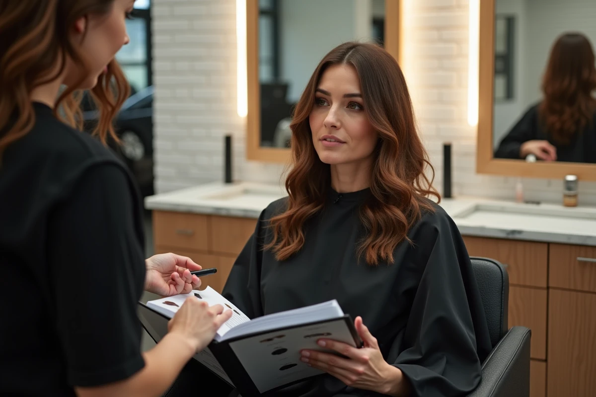 Femme en consultation avec sa coiffeuse dans un salon moderne, regardant un lookbook de coupes de cheveux tendance