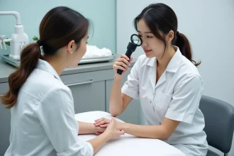 Esthéticienne examinant la peau d'une cliente avant une séance d'électrolyse à Montpellier dans un cabinet dermatologique