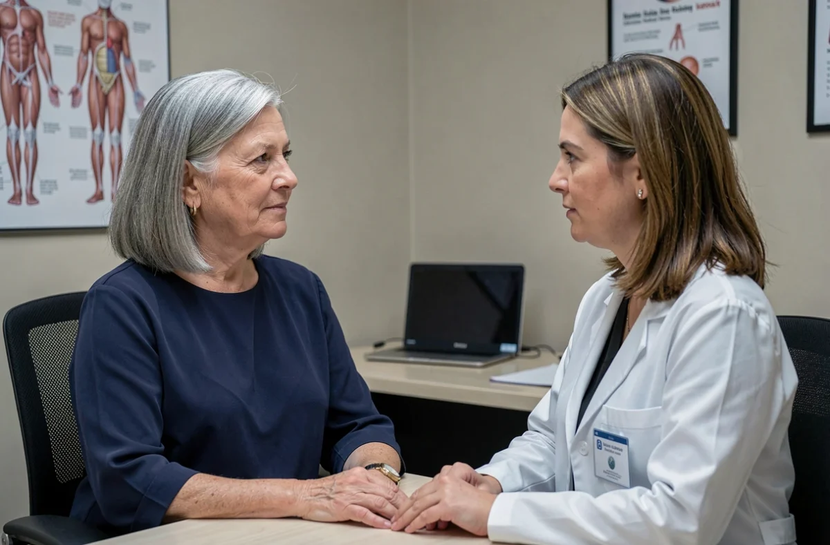 Femme âgée en consultation médicale discutant des changements hormonaux et capillaires liés au vieillissement avec une gynécologue