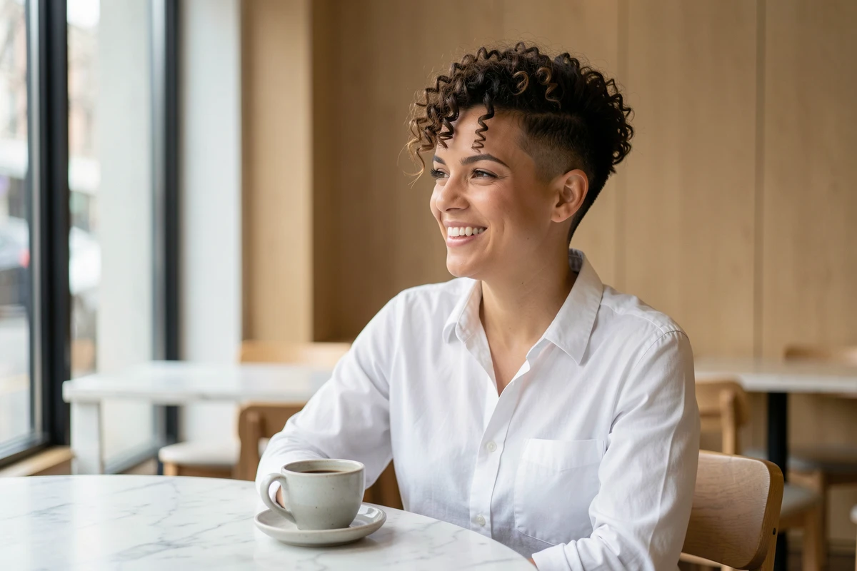Femme arborant une coupe courte texturée avec boucles naturelles dans un café minimaliste scandinave