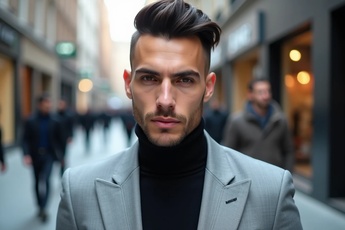 Homme élégant avec une coupe cuenta haute et un dégradé peau, portant un blazer gris ajusté, marchant en ville avec un arrière-plan flou
