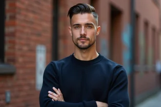 Homme aux cheveux courts avec une coupe cuenta bien définie et un dégradé net sur les côtés, portant un pull marine, en extérieur urbain